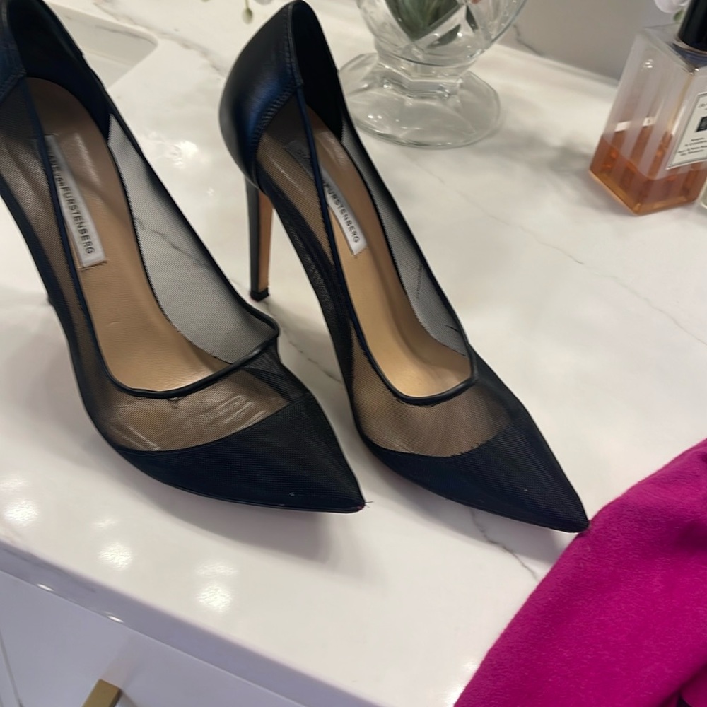 Beautiful DVF black mesh heels — always gorgeous.